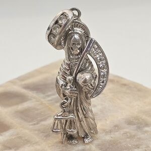 Santa Muerta Sterling Silver Dangling Scale CZ 925 Pendant 14 Grams